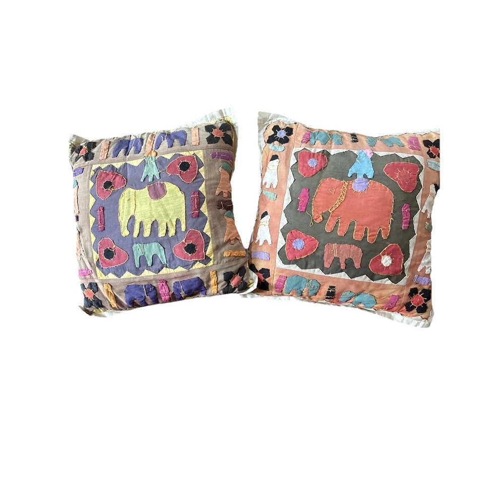 Handmade Indian Elephant Batik Pillow 16"x16" Folk Art Quilted Boho Set of 2